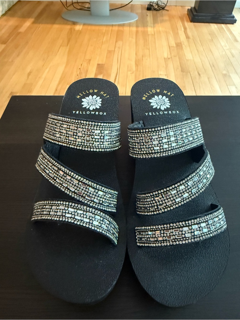 Yellow Box Black Crystal-Strap Slide Sandals never worn!